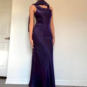 Vintage Purple Satin Maxi Dress with Scarf